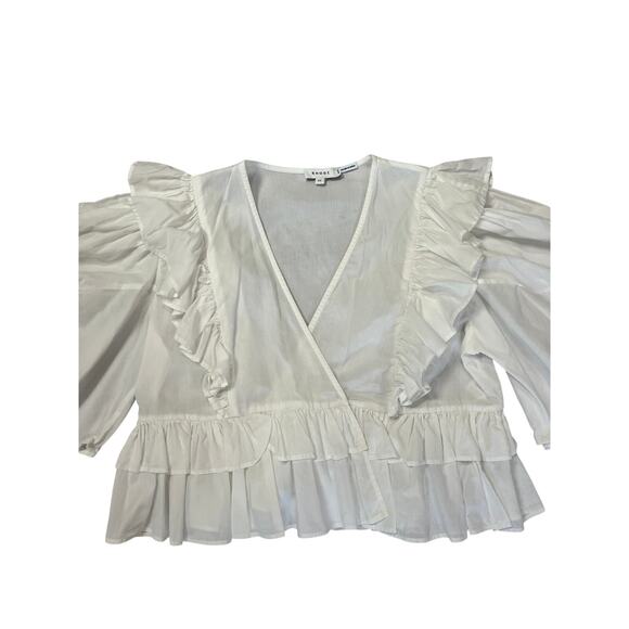 RHODE Tops - RHODE Ruffle Puff Sleeve Deep V Crop Blouse SIZE XS White Cotton Shirt
